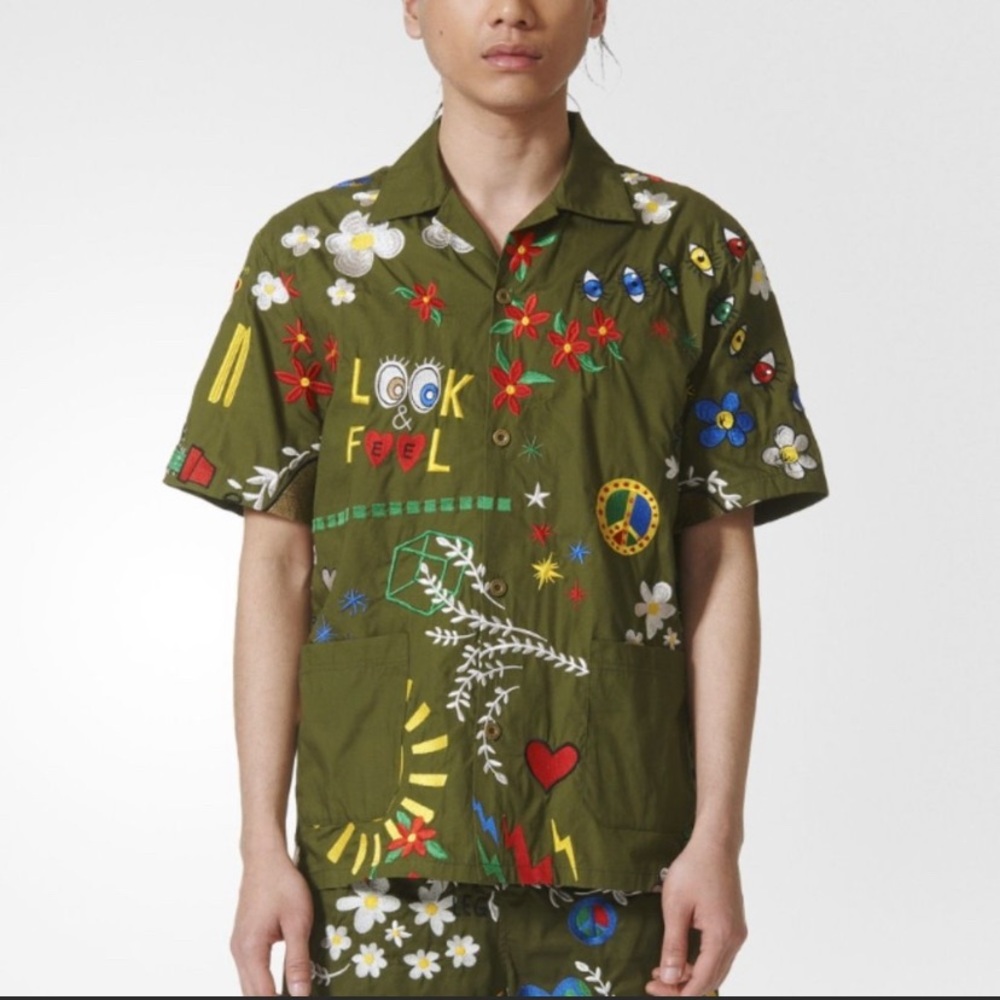 Adidas X Pharrell Williams camp embroidered cotton button up shirt